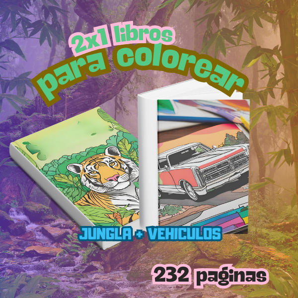 LIBROS PARA COLOREAR 2 EN 1:Jungla + vehiculos ¡Tantísimos animales y escenarios divertidos entre los más amados, con imágenes para colorear para niños y adultos! Animales de la jungla, ... ¡Una experiencia creativa maravillosa!