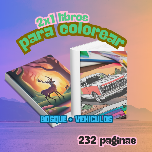 LIBROS PARA COLOREAR 2 EN 1:Bosque+vehiculos ¡Tantísimos animales y escenarios divertidos entre los más amados, con imágenes para colorear para niños y adultos a partir de 4 años! Animales del bosque, ... ¡Una experiencia creativa maravillosa