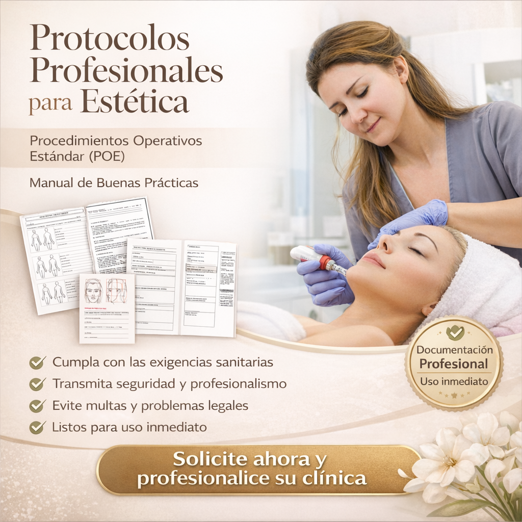 PACK CON 122 DOCUMENTOS: PROCEDIMIENTOS OPERATIVOS ESTÁNDAR (PROTOCOLOS) PARA ESTÉTICA, MANUAL DE BUENAS PRÁCTICAS, HOJAS DE ANAMNESIS Y CONTROL.