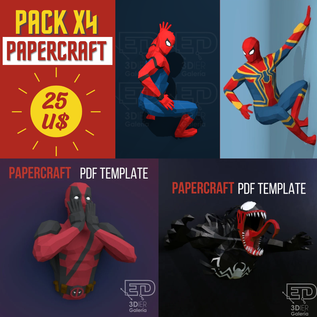 Pack Papercraft Personajes Deadpool, Venom y Spiderman