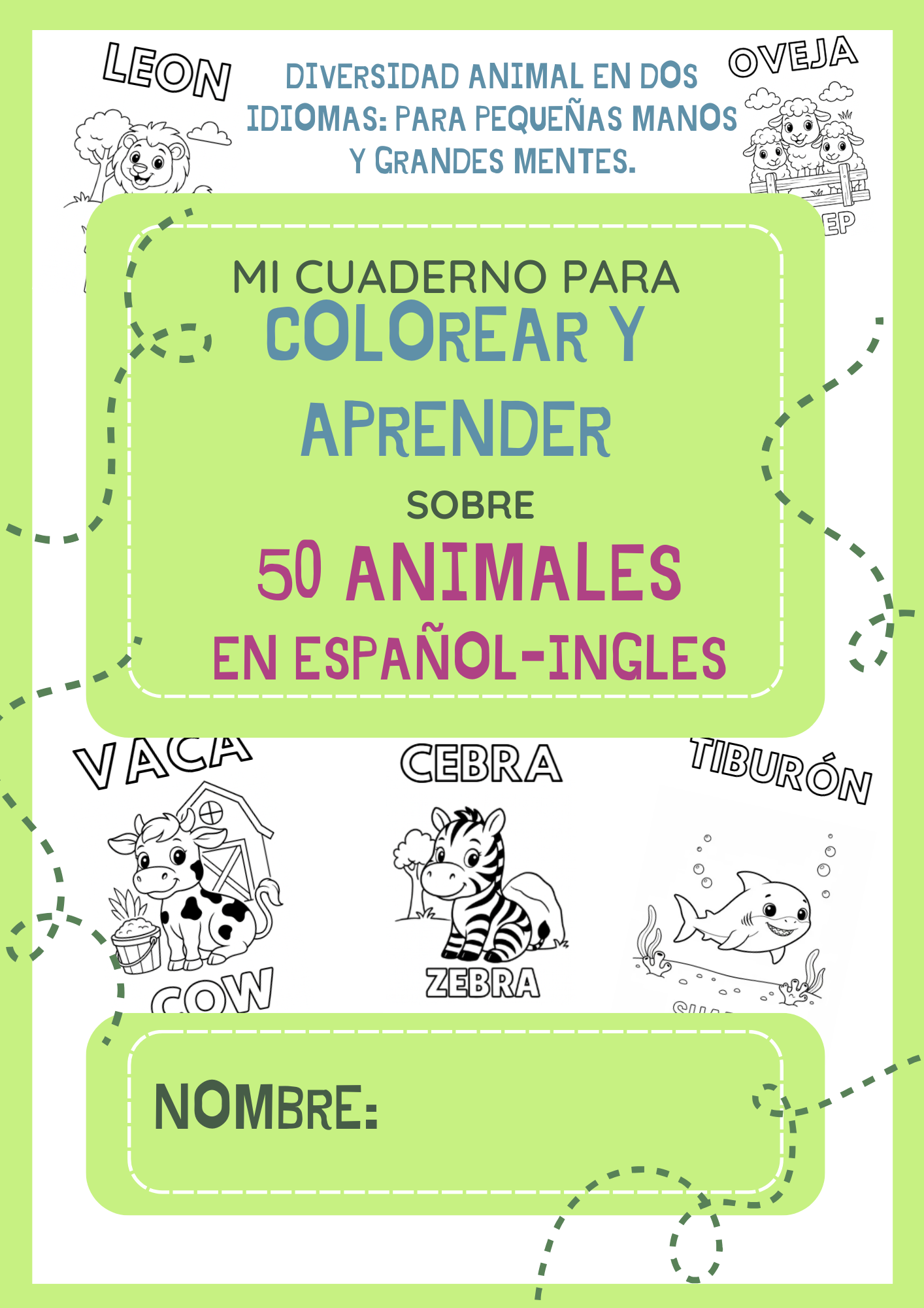 MI CUADERNO PARA COLOREAR Y APRENDER sobre 50 ANIMALES EN ESPAÑOL-INGLES