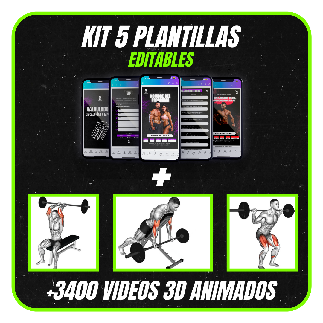 Kit 5 Plantillas editables + 3400 Videos animados de ejercicios.