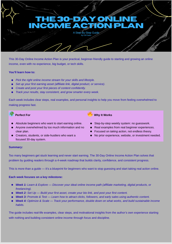 The 30-Day Online Income Action Plan + Beginner Tools & Action Tracker