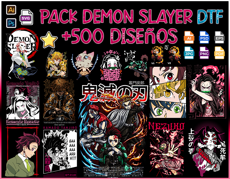 Pack +500 Vector Designs Demon Slayer Png Bundle DTF T-shirt / Sublimation T-shirts, Mugs, and More!