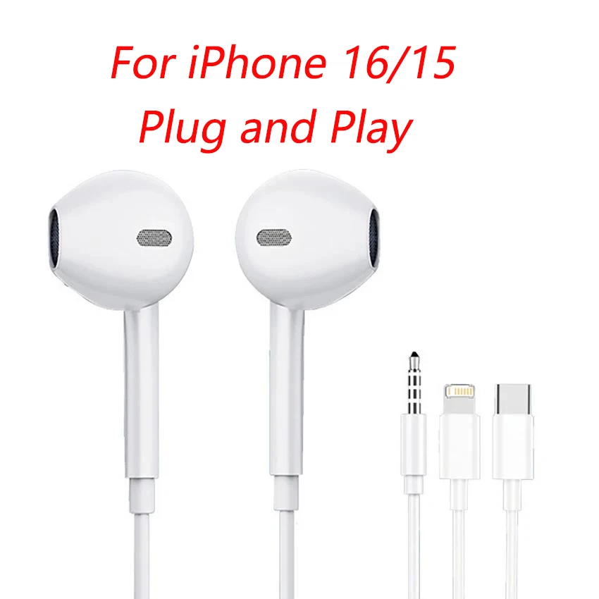 Original Wired Earphones For iPhone 17/16/15/14/13/12/11 Pro Max 7/8Plus XR iPad In-Ear Earbuds Lightning USB-C 3.5mm Earphone