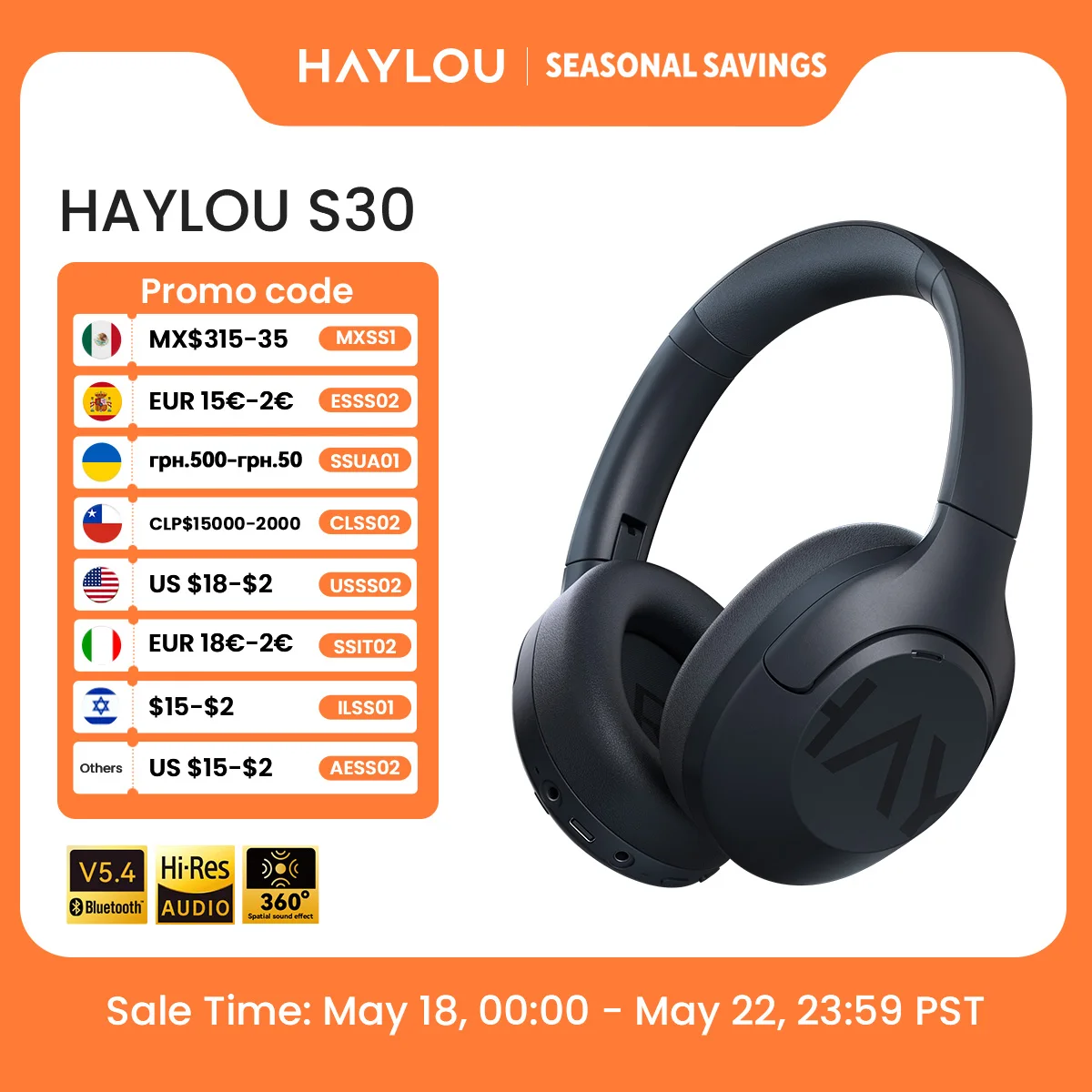 HAYLOU S30 Wireless Bluetooth 5.4 Headphones 43dB Adaptive Noise Cancelling Headsets 40mm Driver 80H Playtime Earphones