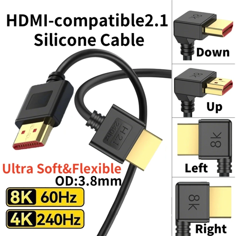 8K HDMI-compatible Cable 2.1 High Speed 48Gbps 8K@60Hz 4K@240Hz HDCP HDR 90 Degree Bend HD Cord for PS5 PC Gaming Monitor HDTV