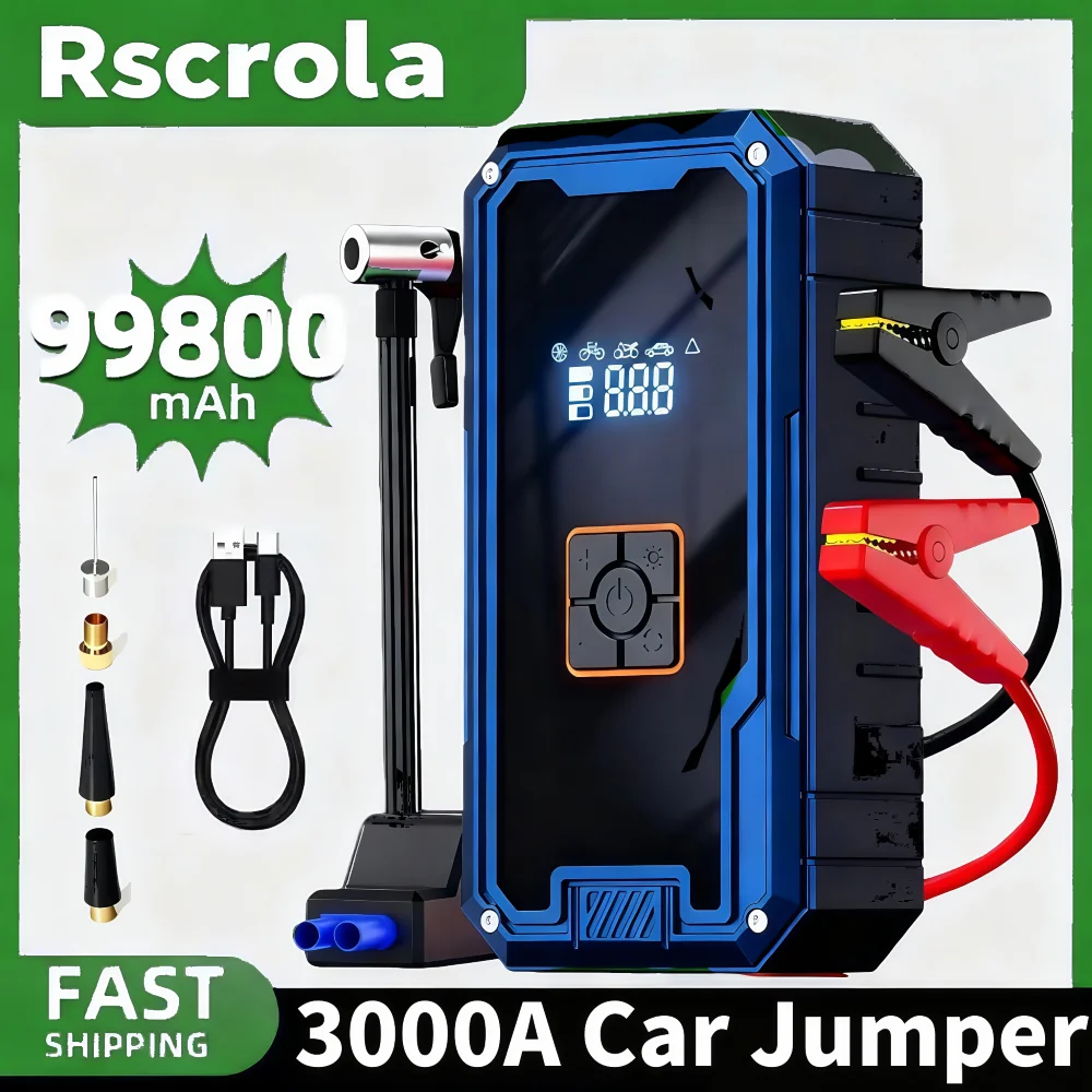 3000A 12V Car Jump Starter Air Compressor With Power Bank 99800mah Peak Portable Battery Starter 150PSI Air Pump With LED Light