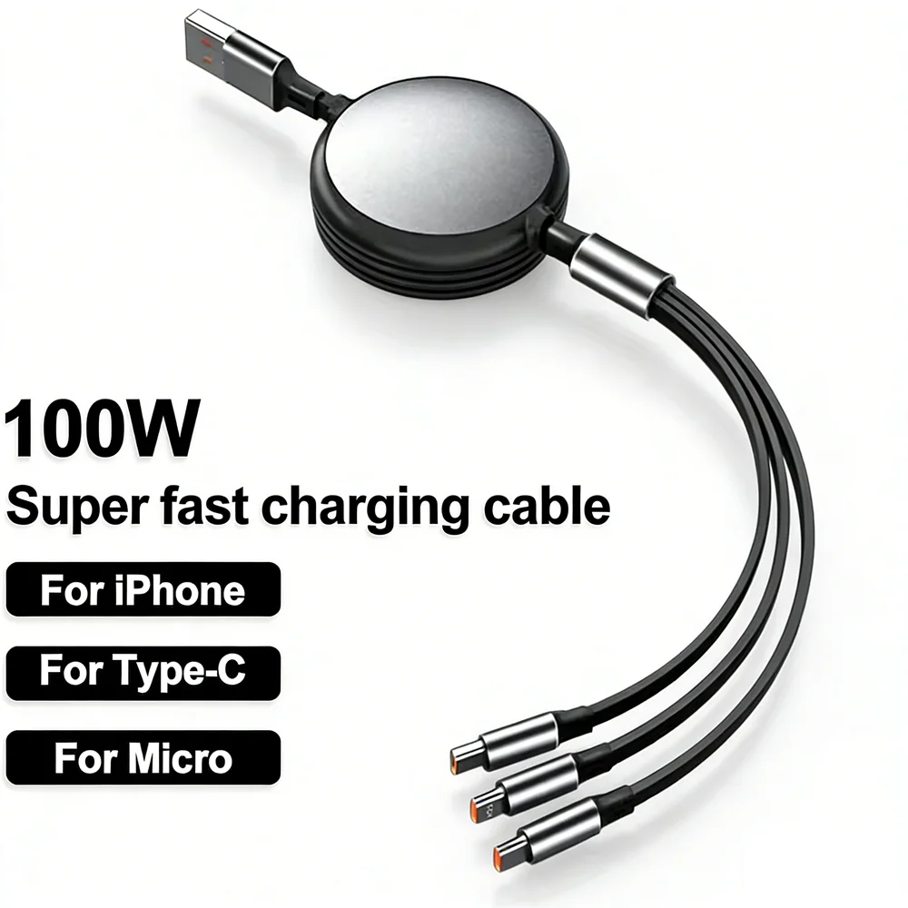 3 in 1 Retractable 100W Fast Charge Data Cable For iPhone 14 USB Type C/Micro For Sumsung Xiaomi 13 Huawei Phone Charge USB Cord