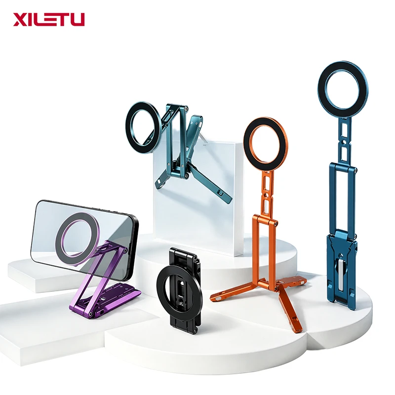 XILETU Magsafe Magnetic Cell Phone Tripod Stand with Hook Foldable Desktop Holder for iPhone Desktop Selfie Video Mobile Tripods
