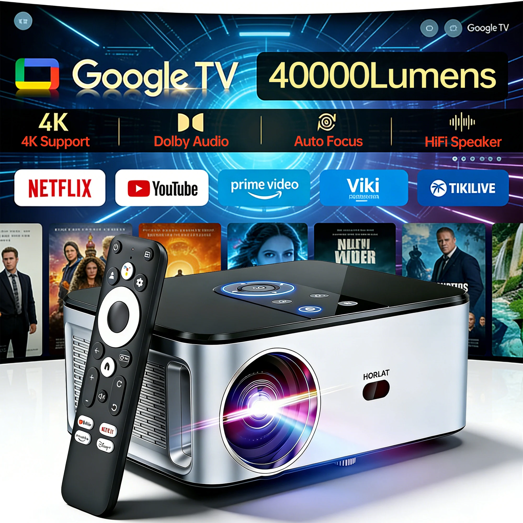 HORLAT 2000Ansi Lumens 4K LED Google TV Projector Android 14 Full HD 1080P Video Auto Focus Keystone 5G WiFi Portable Proyector