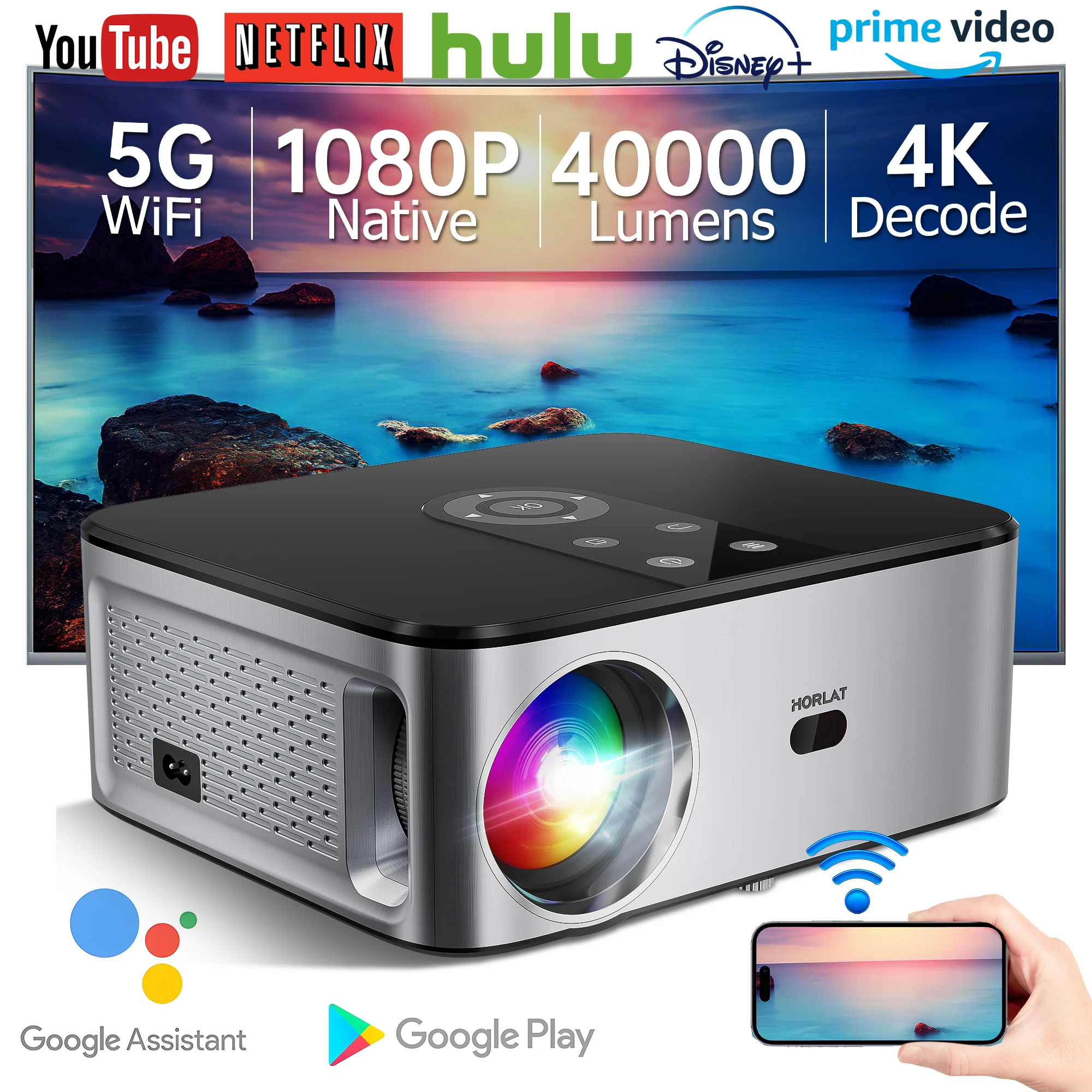 HORLAT 2000Ansi Lumens 4K LED Google TV Projector Android 14 Full HD 1080P Video Auto Focus Keystone 5G WiFi Portable Proyector