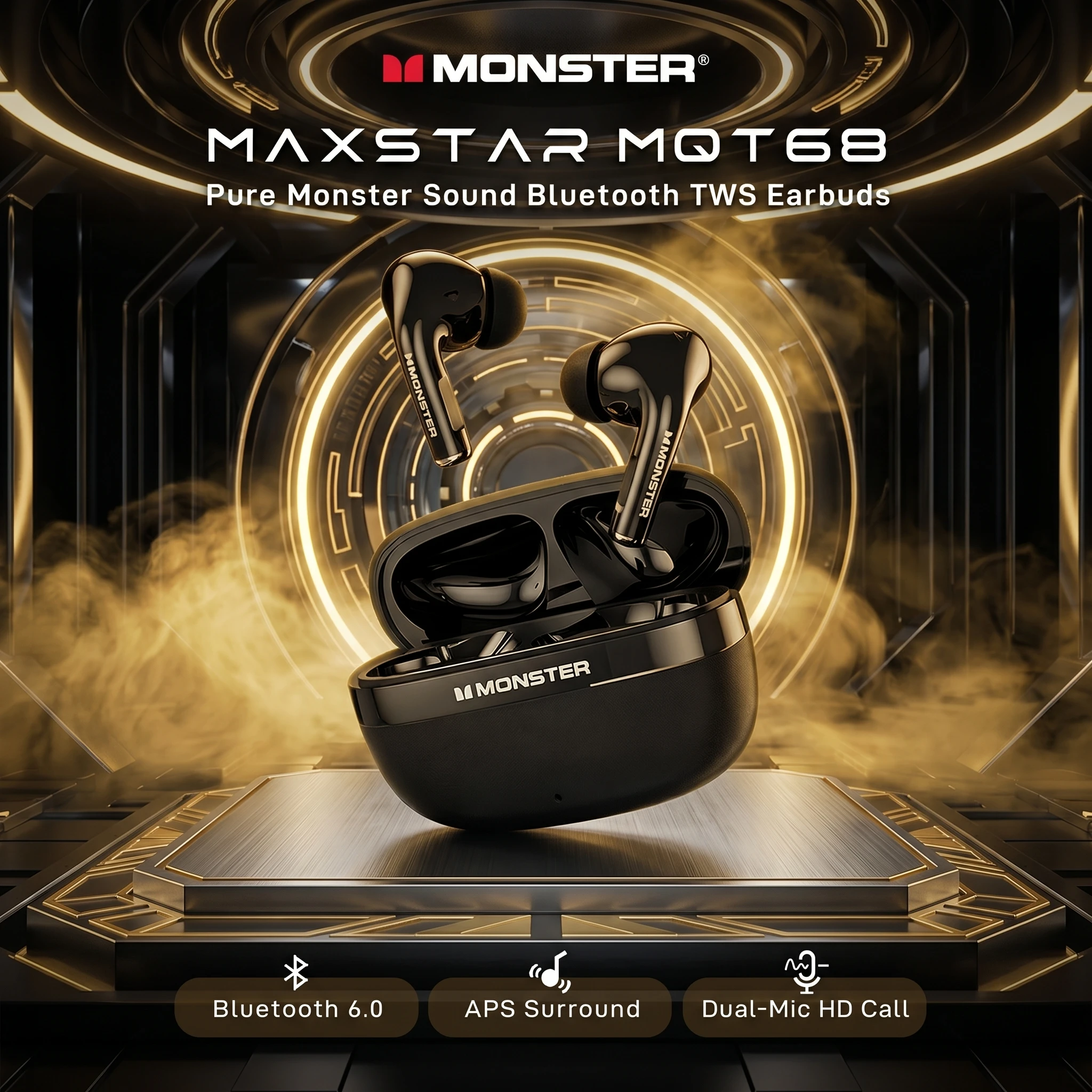 Monster MQT68 Wireless Bluetooth 6.0 Earphones In Ear TWS Wireless Earbuds Sports Bluetooth Headphones for iPhone Samsung Xiaomi