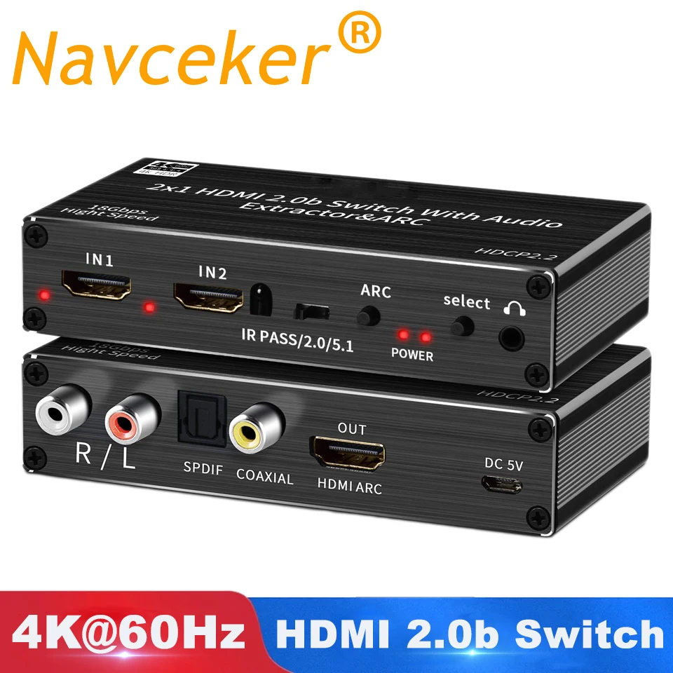 4K 120Hz HDMI Audio Extractor 4K Support 5.1CH 2 Port HDMI to HDMI Audio ARC Switch with Audio Toslink Stereo for Apple TV PS5