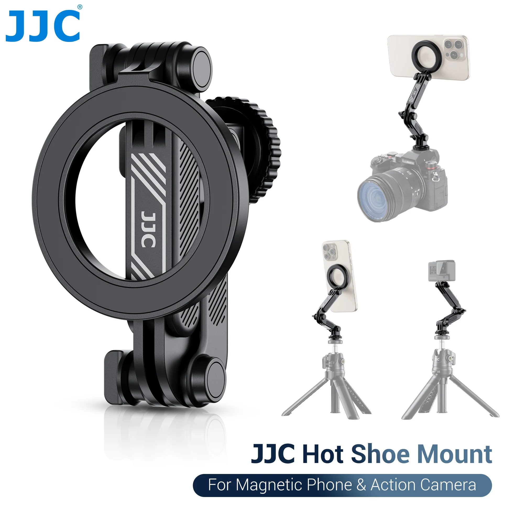 JJC Magnetic Phone Tripod Mount Adapter with 1/4”Screw Cold Shoe Mount for iphone 16 15 14 13 Gopro Hero 13 12 11 10 Action 5 4