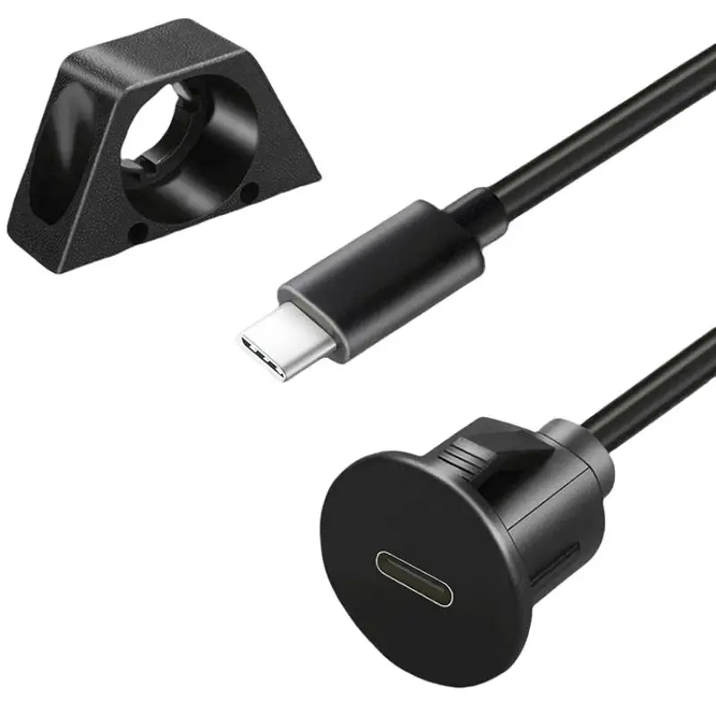 1M USB C Flush Panel Mount Cord with Bracket Small Hole Type-C Male to Female Extension Cable for Car Truck Boat Motorcycle Dash