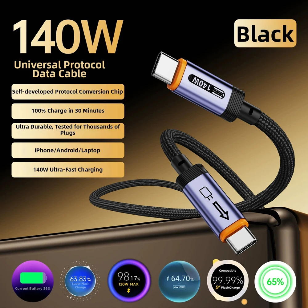 140W USB C To Type C Cable PD Fast Charging Data Cord For iPhone 15 16 17 Samsung Xiaomi Huawei USB Type C Quick Charge Wire