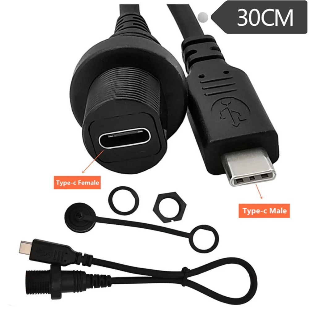 USB Type C 3.1 Flush Mount Cable Waterproof Kit Accessories Car Dash Panel Mount Extender Adapter Car Boat Motorcycle Motorbike