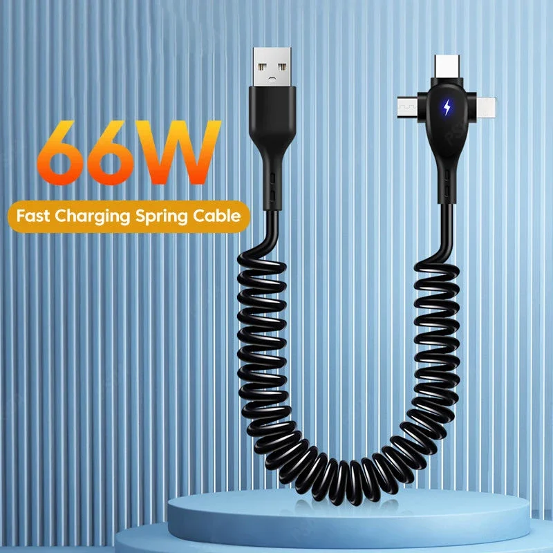 3 in 1 66W 6A Fast Charging USB Type C Cable Micro USB Spring Car Charger For iPhone Xiaomi Samsung Phone Charger Cord