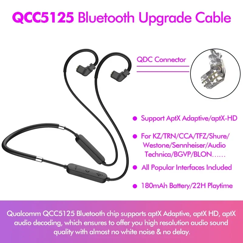 Qualcomm QCC5125 Bluetooth 5.0 HiFi In-Ear Headphones Upgrade Cable AptX HD Adaptive High Resolution for BLON BL-03 KB04 KZ ZAX