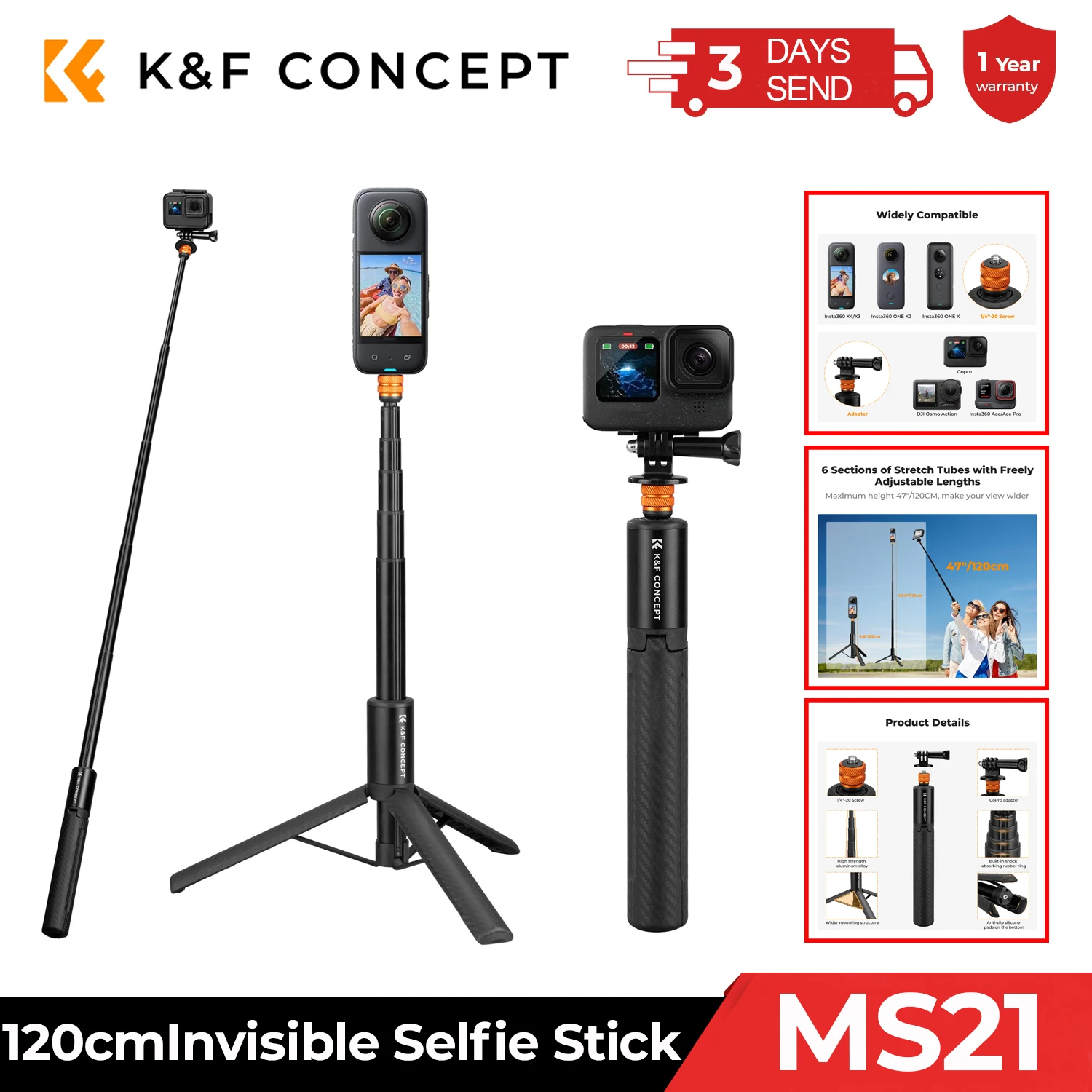 K&F CONCEPT 120cm Invisible Selfie Stick Extension Long Pole for Insta360 Sports Camera GoPro DJI OSMO Pocket 3 Extended Monopod