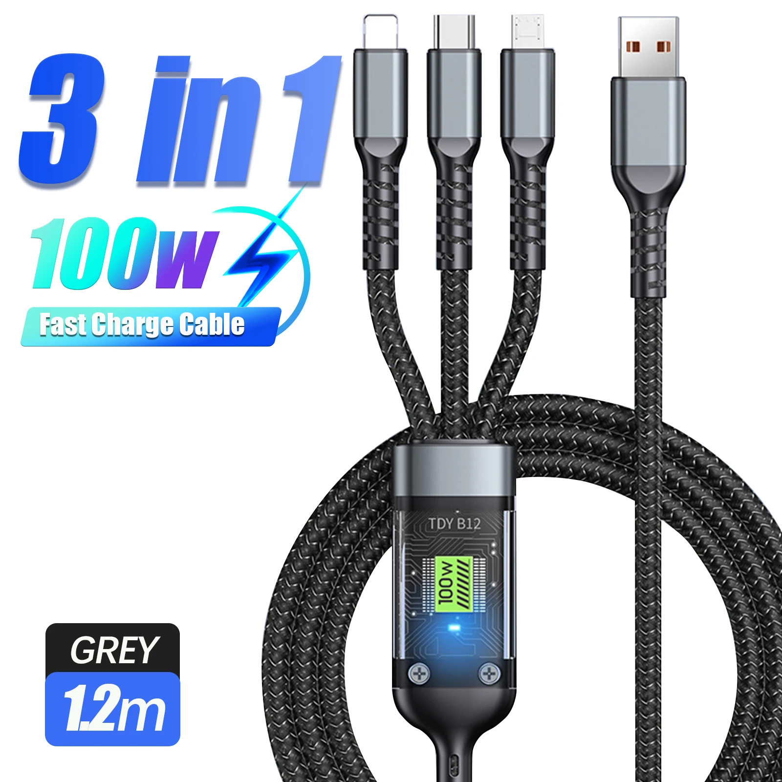 100W 3 In 1 Transparent Pilot Lamp Super Fast Charging Cable Universal with Type C Usb Micro for Iphone Xiaomi Samsung Huawei