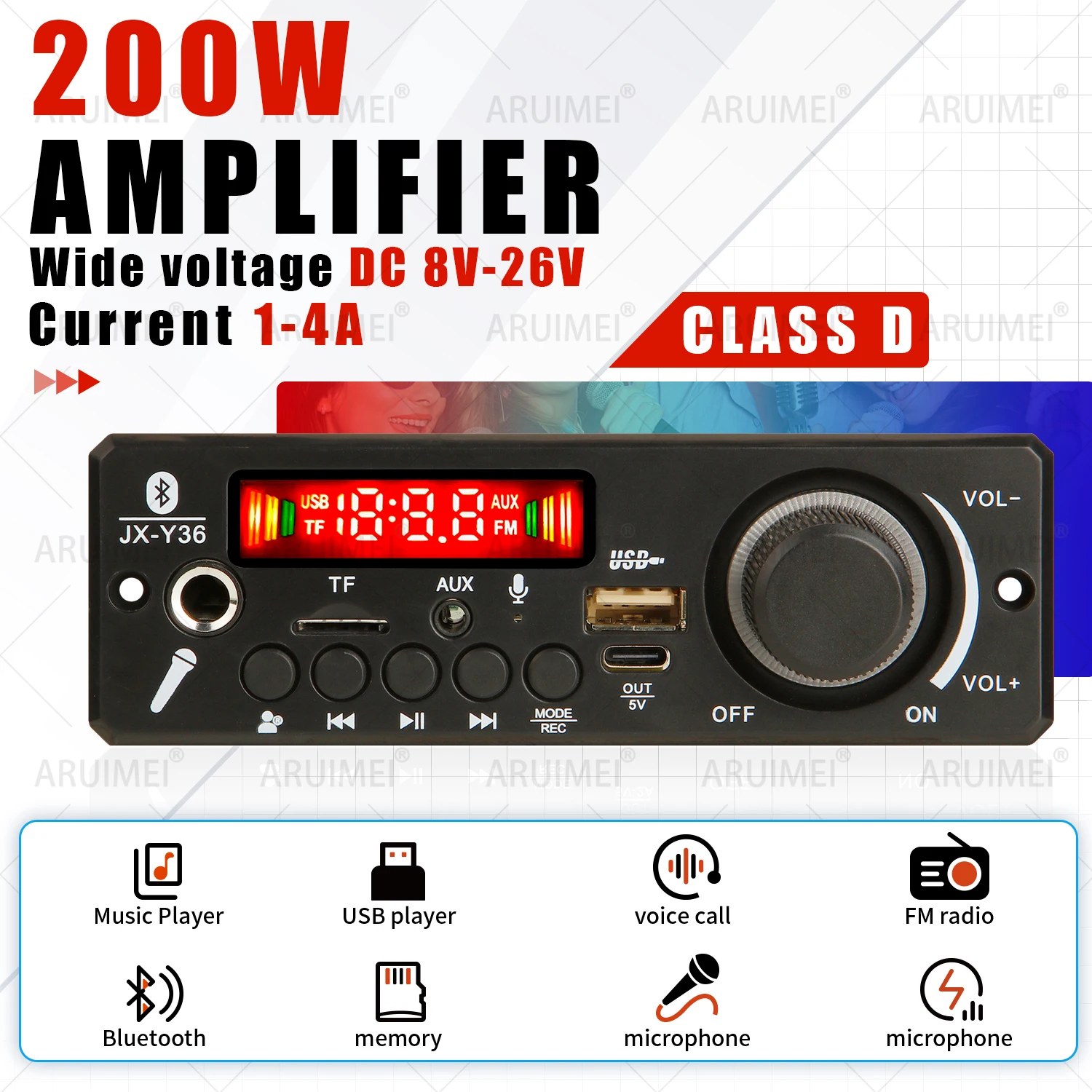 ARUIMEI  200W Amplifier  Bluetooth Decoder Board DIY   Microphone FM Radio TF USB Car Audio Music Player Speakers Volume Control