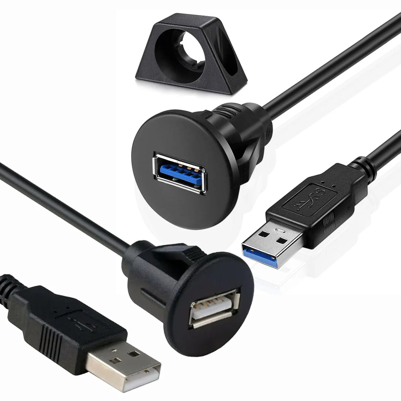 Small Hole USB 2.0 3.0 Male to Female Flush Panel Mount Extension Cable with Buckle for Car Truck Boat Motorcycle Dashboard