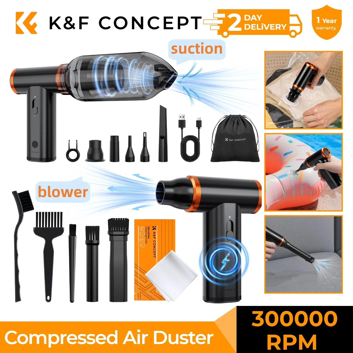 2-in-1 Suction&Air Blower 300000RPM Vacuum Compressed Recharge Electric Air Duster for Computer,Laptop Keyboard,Car,Camera Clean
