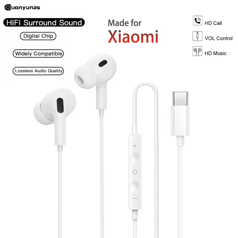 Original USB C Wired Headphones Type-C Earbuds Hifi Bass Stereo Earphone for Redmi for Xiaomi 17 15 14 13 12 for Samsung
