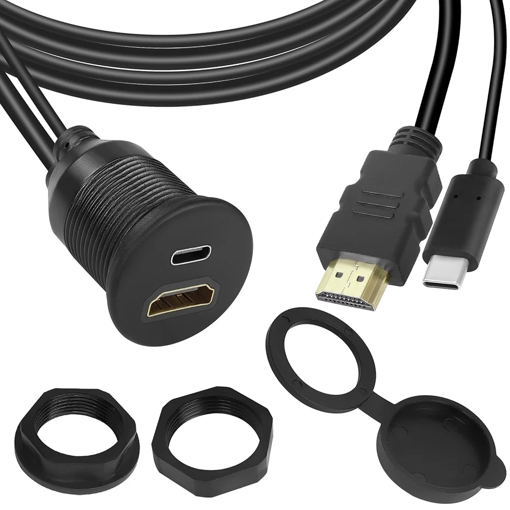 USB C 2.0/3.0 & HDMI-compatible 4K Video and Data Extension Cable for Car Boat Threaded Flush Mount Dashboard Waterproof Cord 1M
