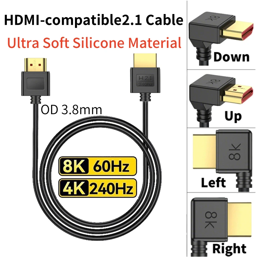 8K 60Hz 4K 240Hz/120Hz UHD Cable 90 Degree HDMI-compatible Male to Male Silicone Soft Cord for Laptop PC Gaming Monitor HDTV