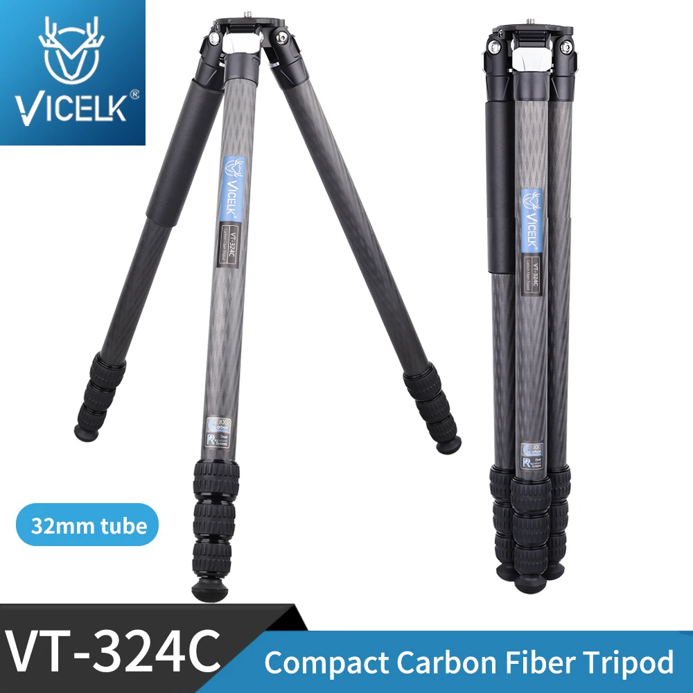 VICELK 158cm Compact Carbon Fiber Tripod 32mm Tube Heavy Duty Camera Travel Tripod for DSLR Camera ,Max Load 25kg,VT-324C