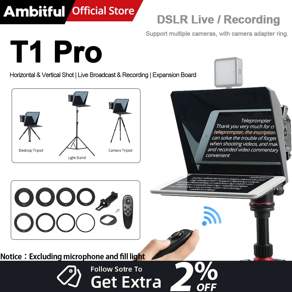 AMBITFUL T1 PRO DSLR Camera Phone Recording Mini Teleprompter With Remote Control Tripod,1/4 Screw,With Top Hot Shoe Mount