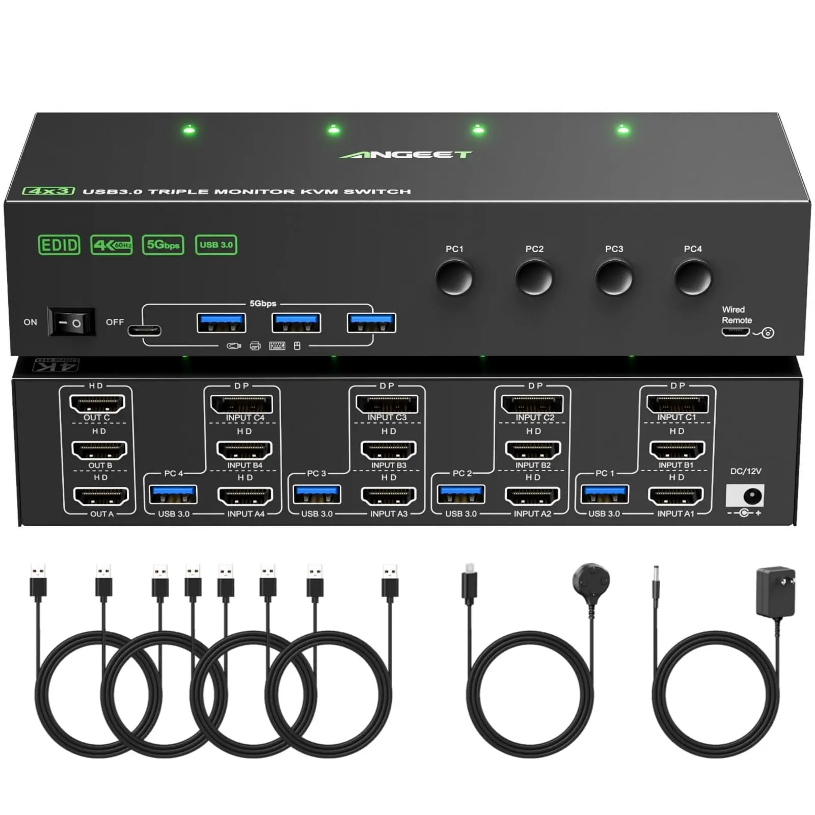 KVM Switch 3 Monitors 4 Computers 4K@60Hz,EDID Simulation,USB 3.0 HDMI Displayport KVM Switch Triple Monitor for Keyboard Mouse