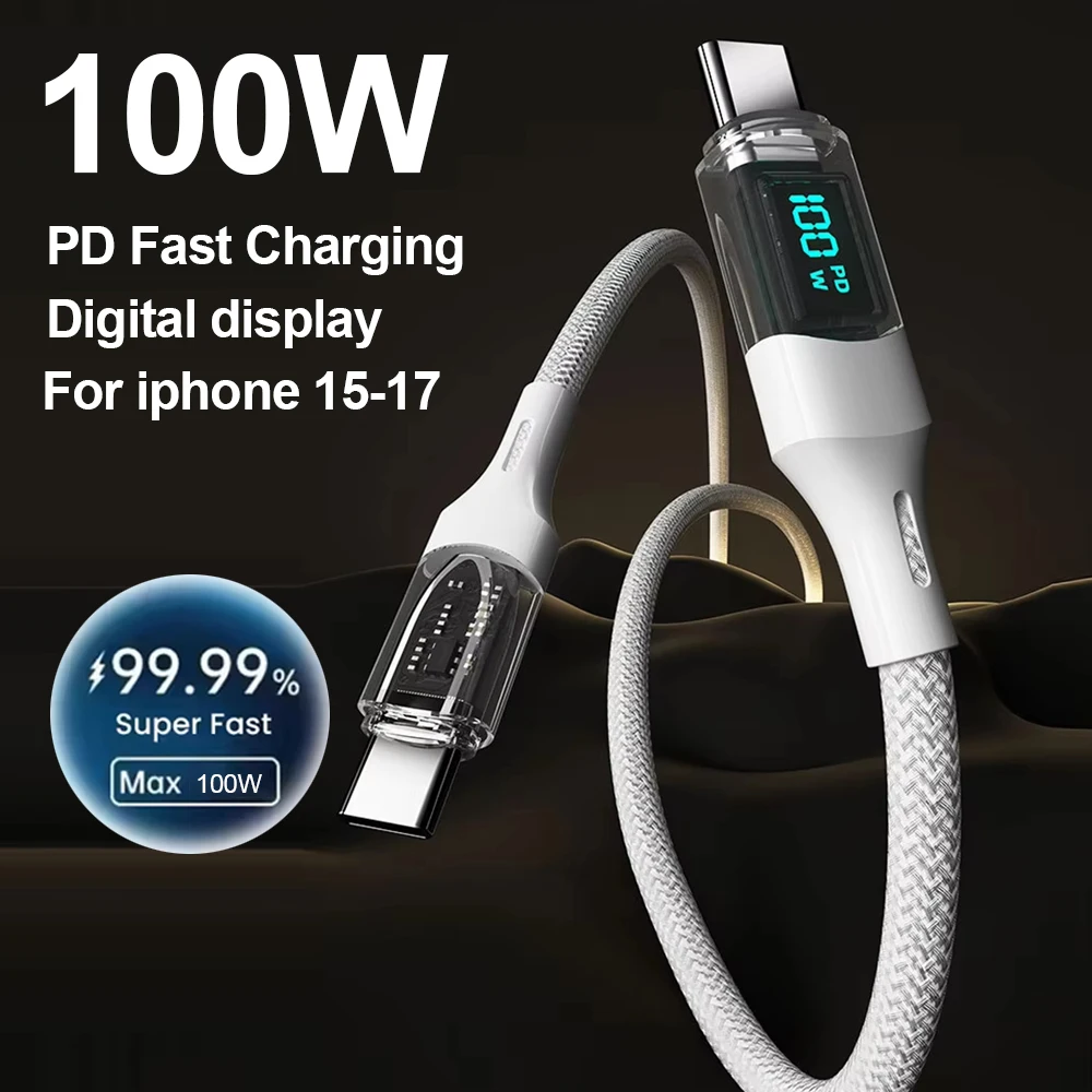 100W USB C Type C Cable Super PD Fast Charging Data Cord with LED Display for iPhone 17 16 15 pro max Air Samsung Huawei xiaomi