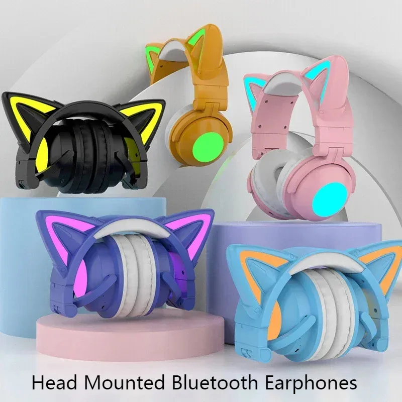 Head Mounted Cat Ear Glowing Bluetooth Earphones, High-definition Microphone, Foldable Storage, Compatible With Multiple Devices