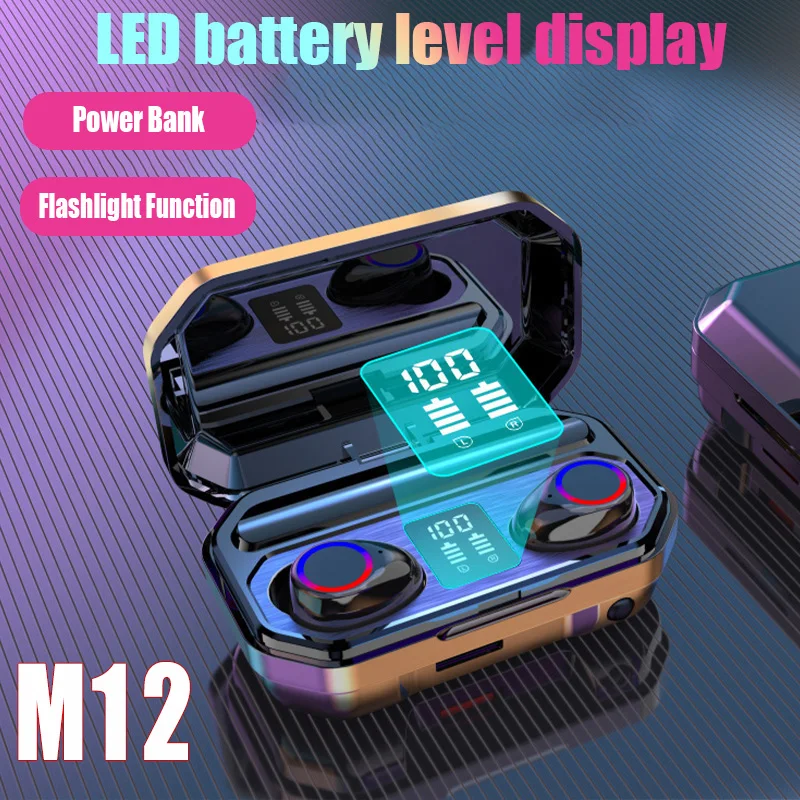 M12 TWS Earphone Flashlight Wireless Headset 9D Noise Reduction New 5.2 Bluetooth Headphone With LED Power Display