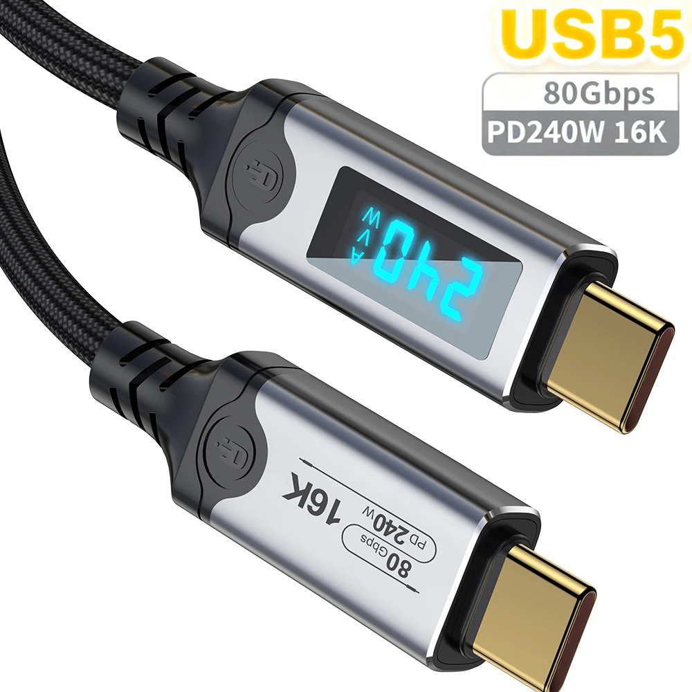 240W USB 5 Cable Type C Fast Charging Cord 80Gbps Data Transfer 16K60Hz With LED Display for Thunderbolt5/4 Monitor Laptop