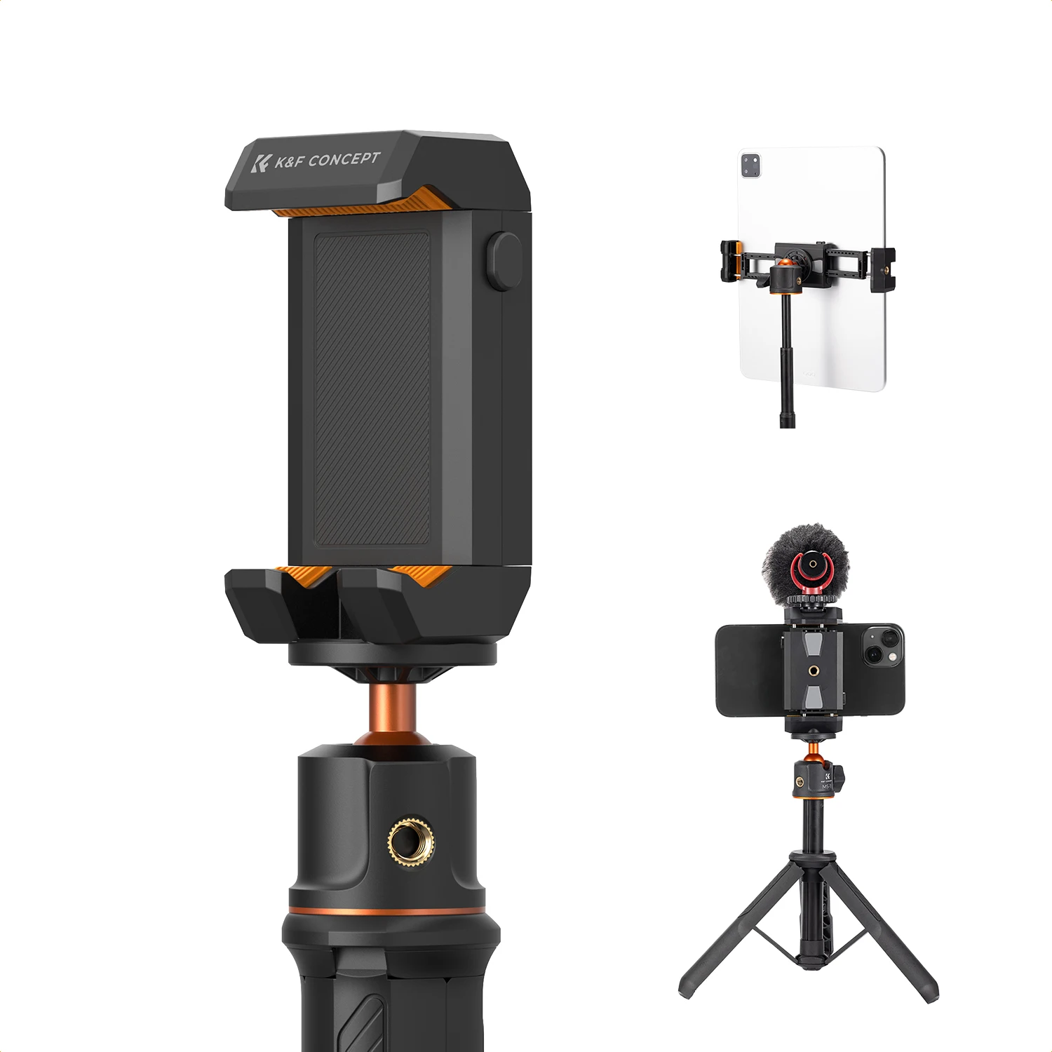 K&F CONCEPT Tablet and Cellphone Tripod Mount Adapter Holder Adjustable Clamp for iPhone 17/16/15/14/13 Pro Max All Mobile Phone