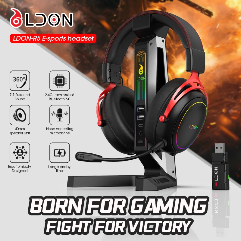 LDON F05 Gaming Headset with RGB and Noise Canceling Microphone 7.1 Surround Sound for PS5 PS4 One PC Laptop Mac Computer PC