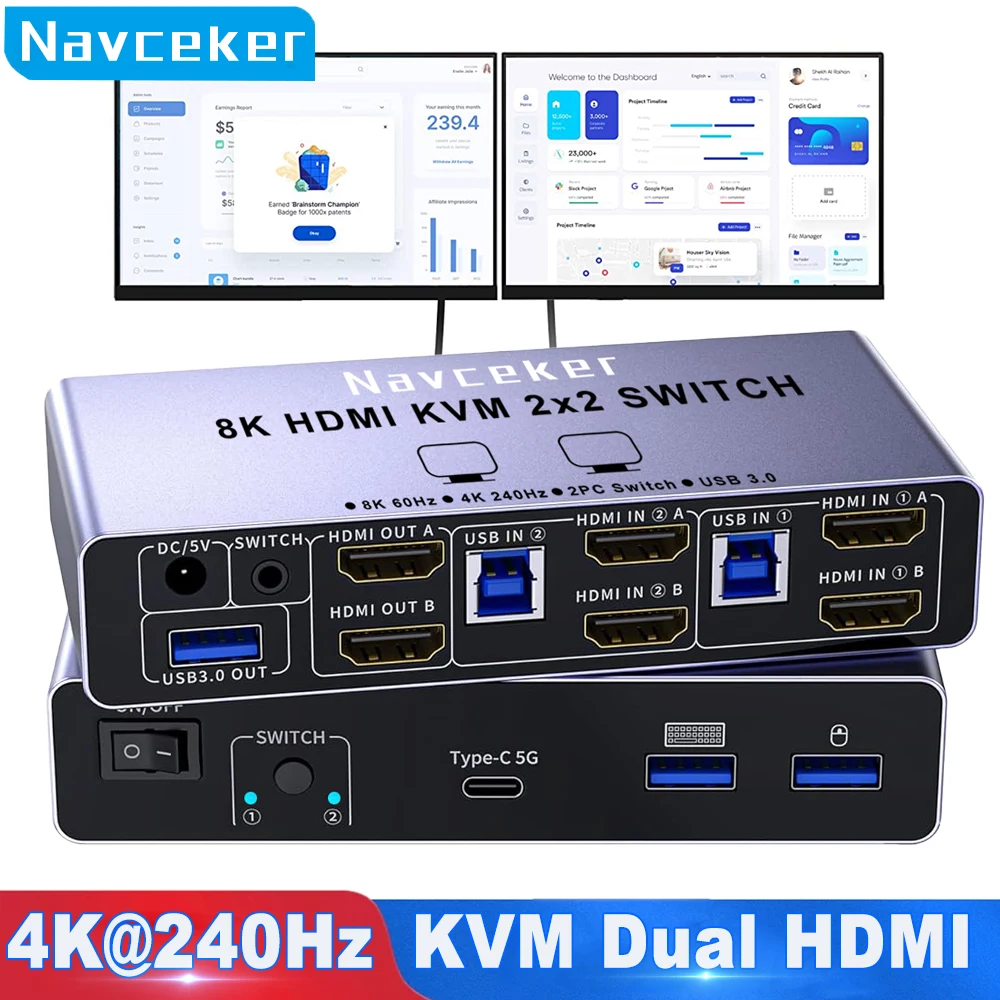 2K 240Hz HDMI KVM Switch 2 Monitors 2 PCs 4K 240Hz USB 3.0 8K Docking Station Sharing Keyboard Mouse for Laptop Desktop Printer