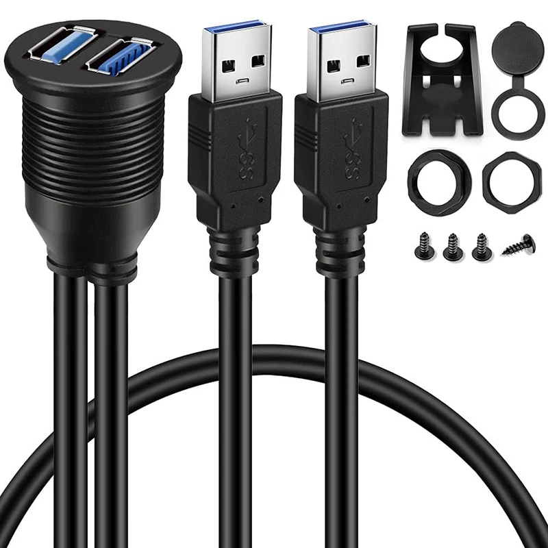 1m 3ft 2 Ports Dual USB 3.0/2.0 Dashboard Panel Flush Mount Extension Cable for Car Truck Boat Motorcycle Waterproof Cord
