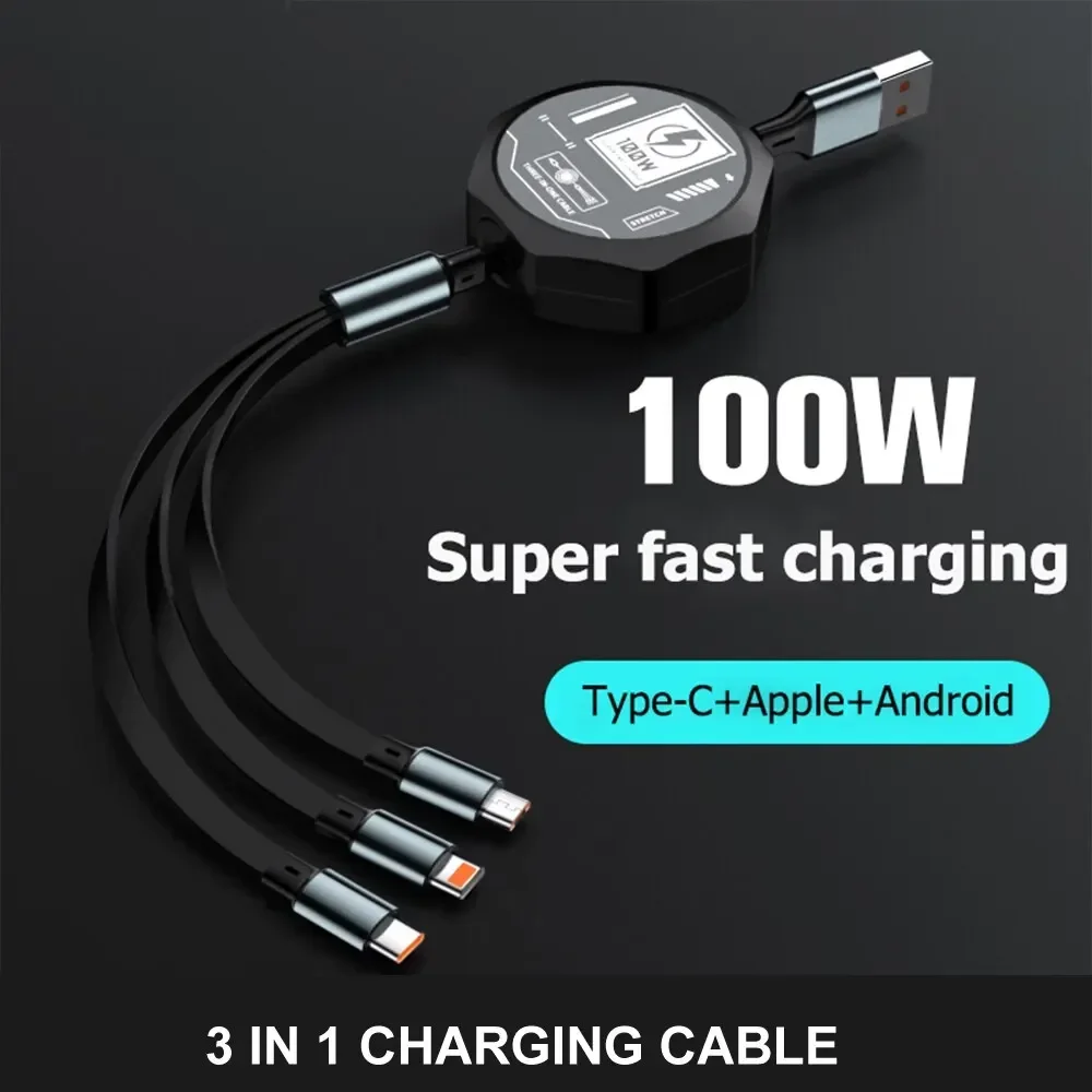 3 In 1 Retractable Usb 100W Fast Charging Cable And Data Micro Usb Type C For Iphone Android Phone Xiaomi Huawei OPPO