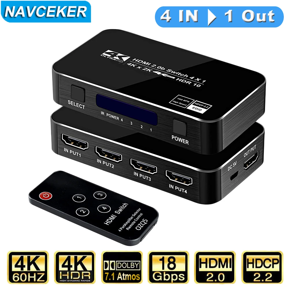 Navceker Remote HDMI Switcher 4K 60Hz 4 Port HDMI Switch 4 input 1 output HDMI Splitter Automatic Switch for PS5 XBox Laptop
