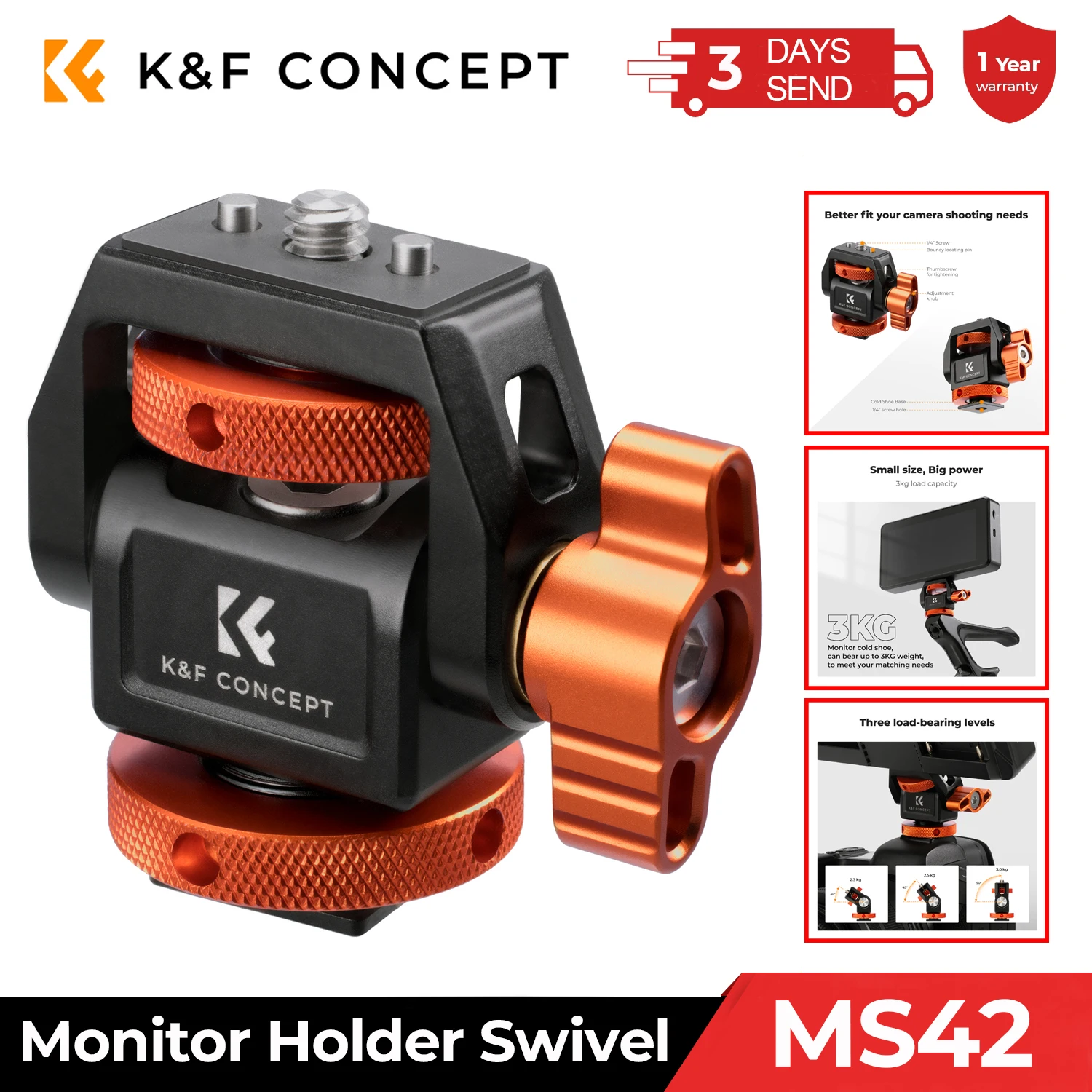 K&F CONCEPT 3kg Load Flexible Field Monitor Mount Monitor Holder Swivel and Tilt Adjustable Adapter Stand with Cold Shoe Mount