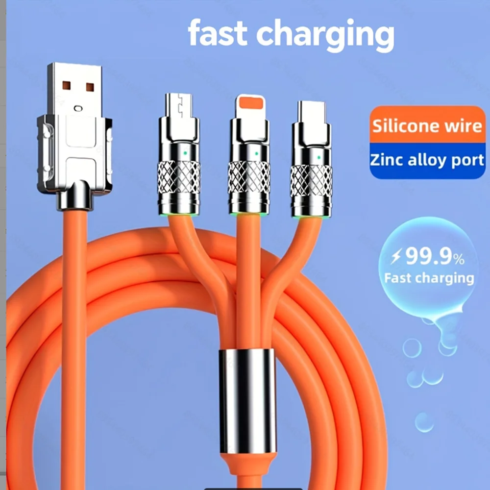 3 In 1 Silicone Bold Fast Charging Cable 120W USB Micro Type C Charger Cable For iPhone 14 13 12 11 Pro Max Samsung Xiaomi