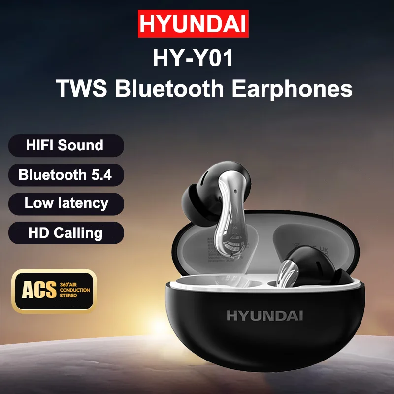 Original HYUNDAI HY-Y01 TWS Bluetooth V5.4 Earphones HIFI Stereo Sound Game Headphones HD Call Long Battery Life Earbuds Sports