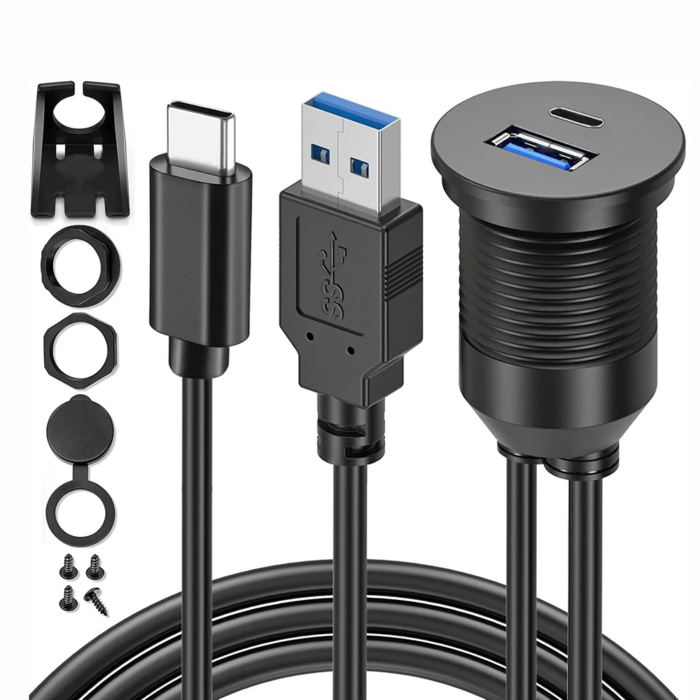 1M USB-A & Type-C Extension Cable Dual Ports Male to Female Flush Mount Panel Waterproof Cord for Car Dashboard Boat Motorcycle