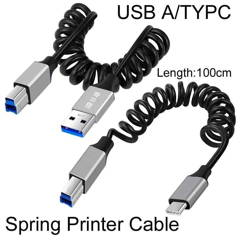 USB 3.0 100CM/3.3FT USB A TYPE C Male Spring USB 3.0 T Printer Type-B Cable 5Gbps Data Transmission For SSD Disk External Hard D